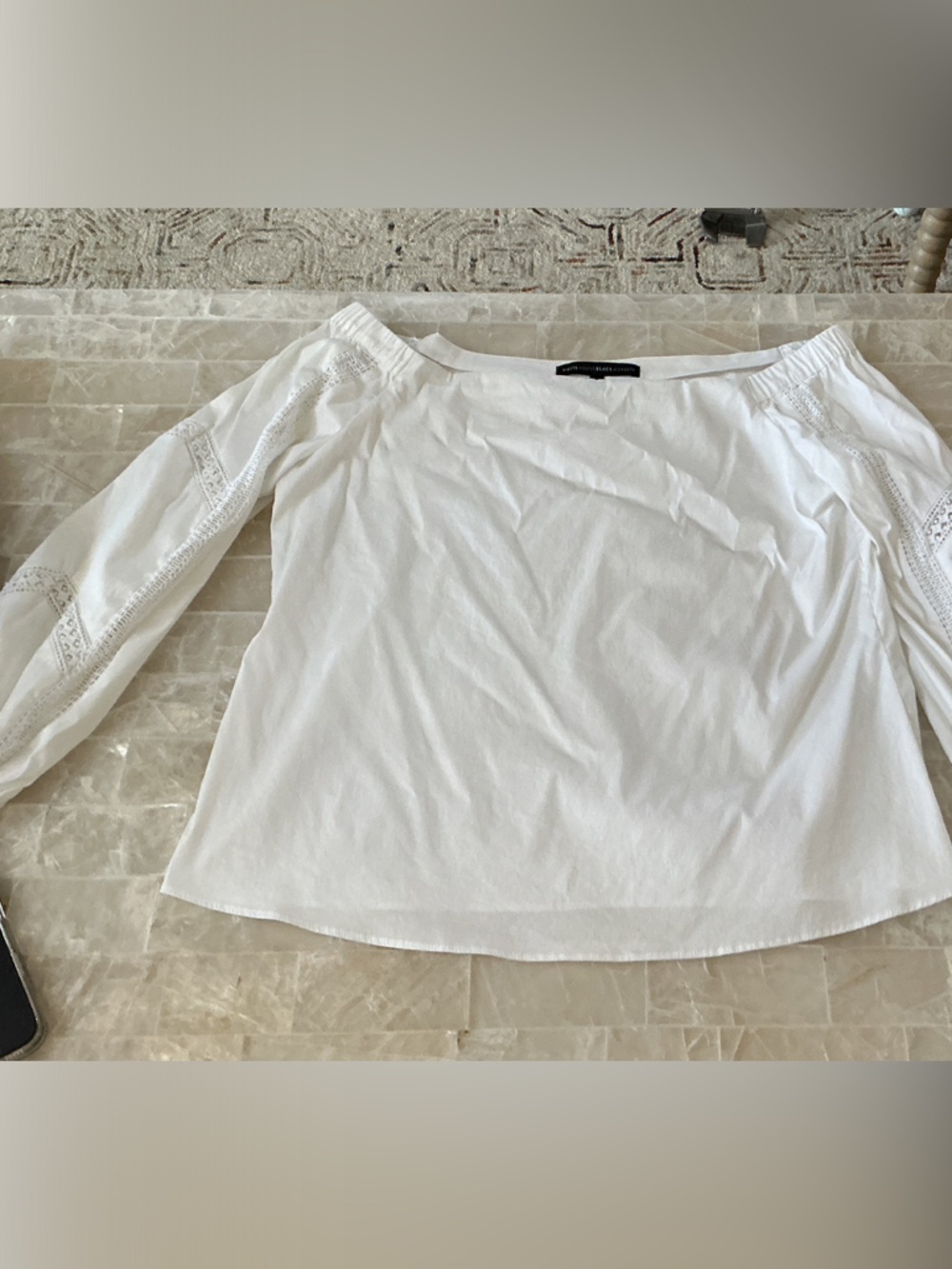 White House Black Market White Long-Sleeve Lace-Trim Blouse